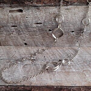 Long Silver Metal Necklace with Unique Links and Crystal Beads